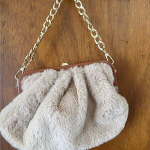 Source Unknown Faux Fur Clutch with Gold Chain - Cream and Brown